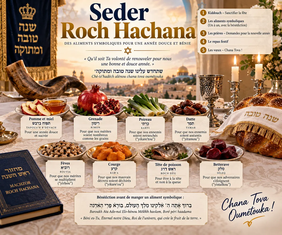 Table du Séder de Roch Hachana : pomme au miel, grenade, dattes et simanim